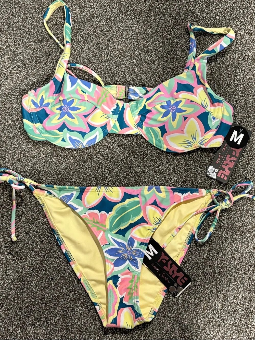 surf style Floral Print Bikini Set in Teal, Yellow, Pink